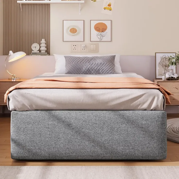 Futonbett mit Bettkasten, Lattenrost und Schublade, 90x200 cm, Bezug, Leinen – Bild 3
