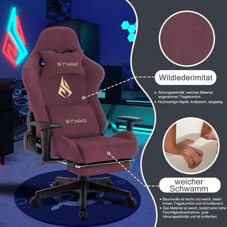 Gaming Stuhl Hochwertiger Stoff Atmungsaktiv Verstellbar Fußstütze Schwarz Rot – Bild 3
