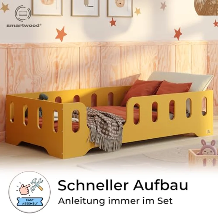 smartwood Kinderbett Bodenbett 90x190 mit Rausfallschutz & Lattenrost - Senfgelb - Kinder Montessori Bett TILA 2L mit glatten Kanten - Betten für schnelle Montage - Bis 230 kg belastbar – Bild 5