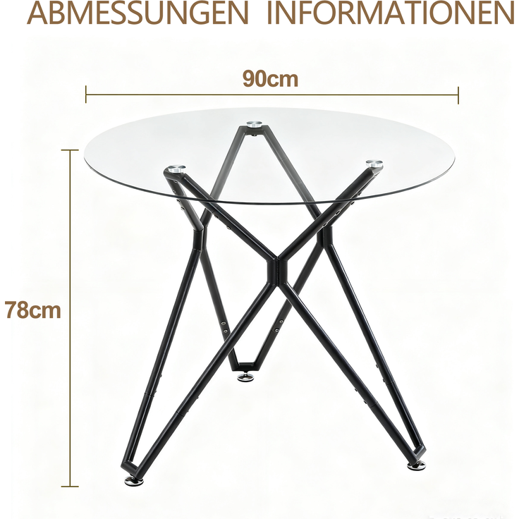 Runder Esstisch 90 x 90 x H 78 cm, gehärtetes Glas, Metallgestell, modern und platzsparend in Schwarz – Bild 5