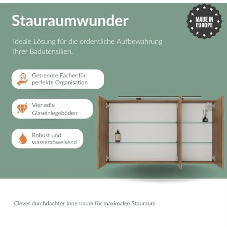 Planetmöbel ARIA Spiegelschrank Bad mit Beleuchtung 120 cm breit | Badschrank hängend mit Spiegel | Gold Eiche, mit Leuchte und Steckdose, Spiegelschrank Gäste WC 120 x 70 x 16 cm – Bild 4