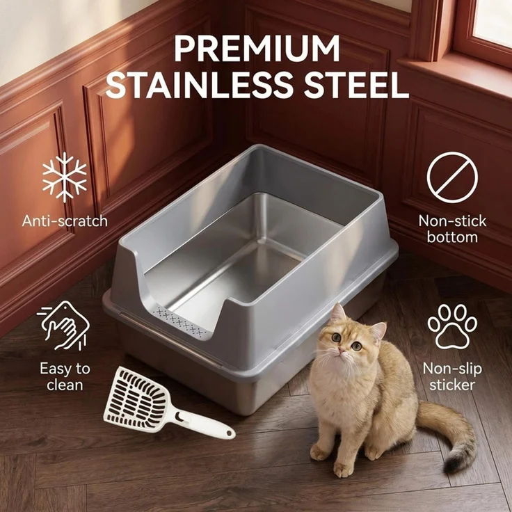 Halupeit Geschlossene Edelstahl-Katzentoilette in XXL-Größe, geräumiger Innenraum, hohe Wände verhindern das Verschütten von Streu, inklusive Schaufel, Hellgrau, 61.3 x 40.8 x 29.8 cm – Bild 5