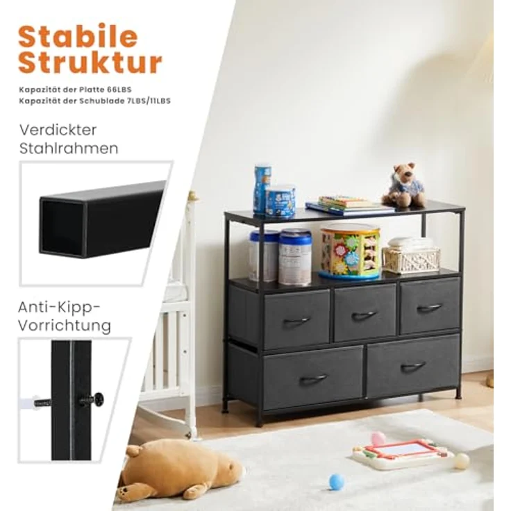 Sweetcrispy Kommode,TV Schrank Stand für Schlafzimmer mit 5 Stoffschubladen,Sideboard Wohnzimmer für 115cm TV,Einstellbare Füße Schubladenschrank,Grau – Bild 6