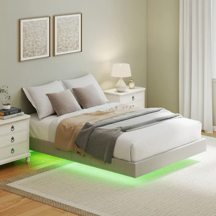 Rayofly-Schwebendes Bettgestell 140x190 cm mit LED Beleuchtung, Leinenbezug Doppelbett, Holzlattenrost, Beige, H 270cm x T 1910cm x B 1420cm – Bild 5