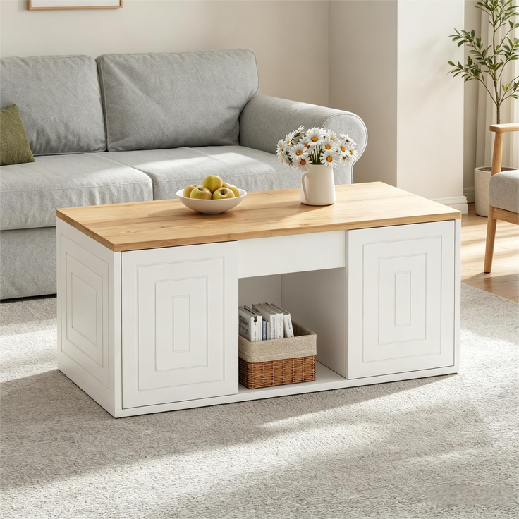Couchtisch 46 x 95 x 45 cm, mit Höhenverstellung, in Holzoptik, Konstruktion aus Spanplatte, Weiß / Naturfarben – Bild 18