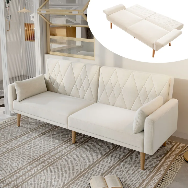 2-Sitzer Schlafsofa mit geteilter Rückenlehne & 5-fach Armlehnen, Samt, 180x75x82 cm, Beige