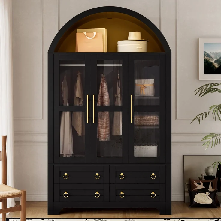 Kleiderschrank 110x50x186 cm in Schwarz mit 3 Glastüren, 4 Schubladen und App-LED – Bild 1