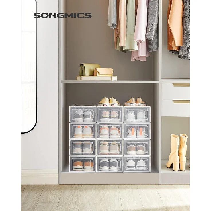 Songmics Schuhboxen, 12er Set, Schuh-Organizer aus Kunststoff, faltbar und stapelbar, für Schuhe bis Größe 44, transparent-weiß LSP12SWT – Bild 2