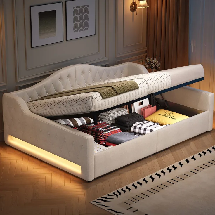 U-life Gepolstertes Tagesbett 140x200 cm mit LED-Beleuchtung, Stauraum und Lattenrost, Beige