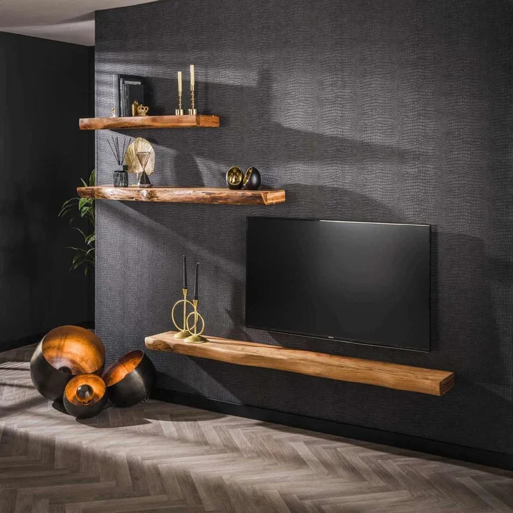 Wandregal Akazienholz massiv, modernes Design mit Baumkante, Natur, 150 cm breit – Bild 3