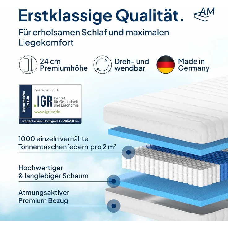 AM Qualitätsmatratzen 1000 Federn 7-Zonen Taschenfederkernmatratze 200x190 cm - 24 cm Premiumhöhe - 1.000 Federn Matratze 200x190 cm - H3 – Bild 3