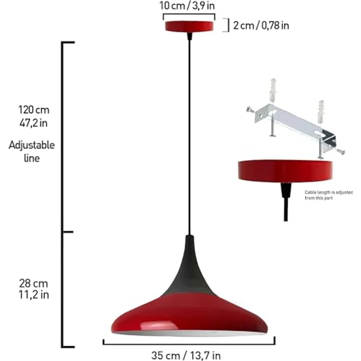 Bamyum Pendelleuchte Pendelleuchte Paladin Metall Ø35cm, Modern Hängelampe, ohne Leuchtmittel, Extra-Schwarzer Hut – Bild 8