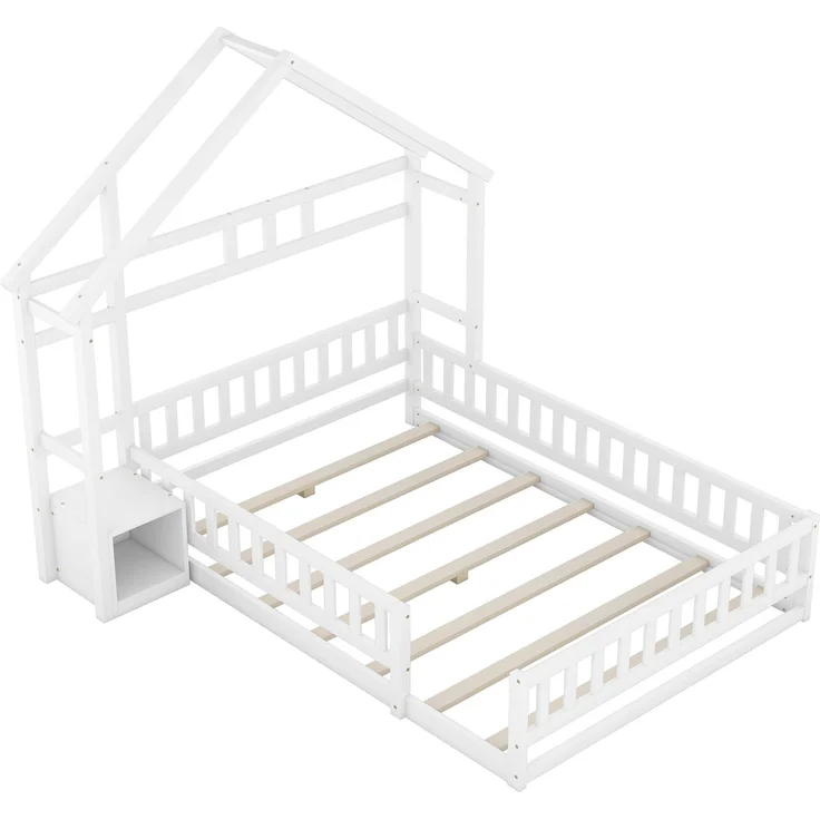 Kinderhausbett, Flachbett aus Kiefernholz mit Geländer, inklusive Nachttisch, stabiles Massivholzbett für Kinder, Weiß – Bild 10