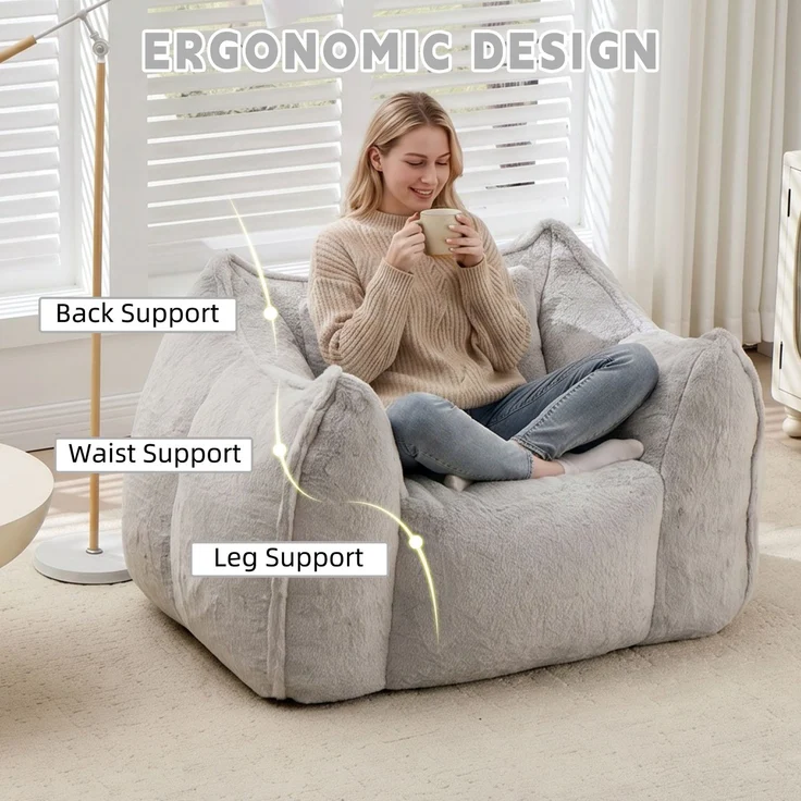 Riesiger Sitzsack mit Kissen, bequeme große Sitzsäcke für Erwachsene und Kinder, Kunstfell-Bodensofa für Wohnzimmer, Schlafzimmer und Wohnung, Grau – Herde – 123 x 97 x 73 cm – YOUDENOVA – Bild 5