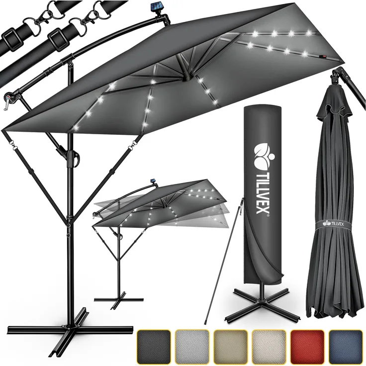 tillvex® Alu Sonnenschirm Rechteckig Ø 330 cm mit LED Solar Grau + Abdeckung mit Kurbel | Ampelschirm mit Ständer & Windschutz | Gartenschirm UV-Schutz, wasserdicht, 360° drehbar | Kurbelschirm Marktschirm
