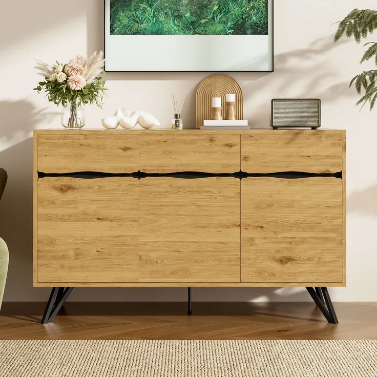 Sideboard, Spanplatte in Holzoptik mit Metallgestell, 140x40x75,5 cm, Holz/Schwarz