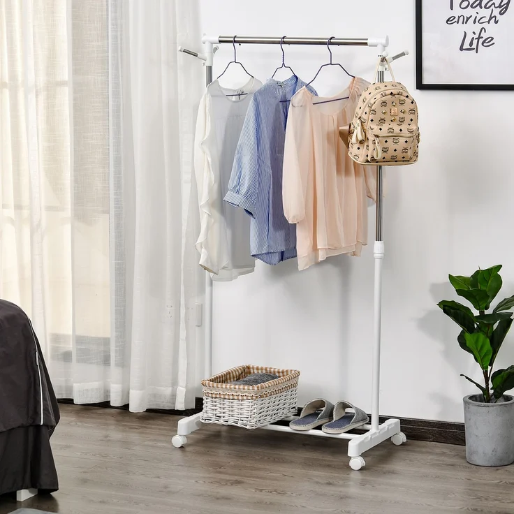 MELAYR, Rollbarer Garderobenständer, höhenverstellbar, mit unterer Ablage, 4 Räder, Weiß, 68.5 x 42 x 145 cm – Bild 3