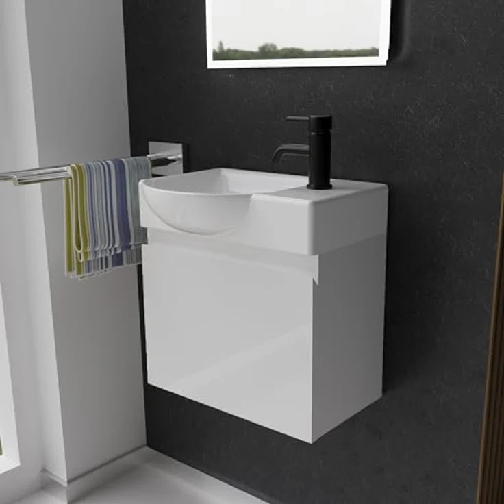 Alpenberger Badmöbel-Set - Gäste WC Waschbecken mit Unterschrank 45 cm Breit, (Badschrank 2-tlg, Waschtisch hängend), Waschbeckenunterschrank mit Softclose - Weiss - Links Becken – Bild 2