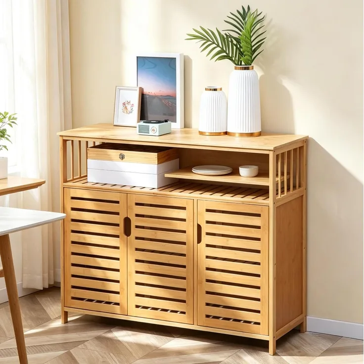 DESVIAE Sideboard Natur aus Bambus – 100x82x35 cm – Türen, offenes Fach