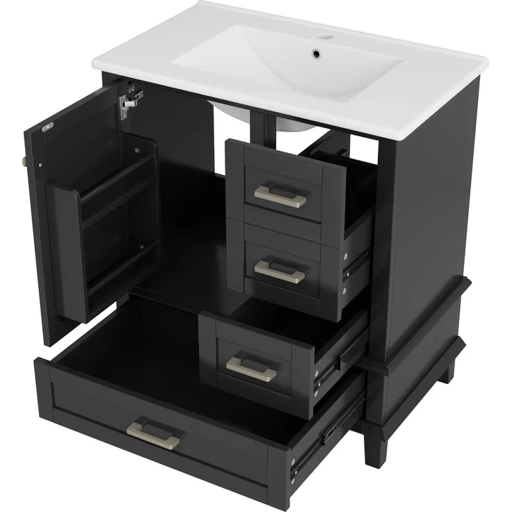 76x46x83,5cm schlichter Badezimmerschrank, komplett lackiert, Türregal, drei geräuschlose Schubladen, verstellbare Regale, integriertes Keramikwaschbecken, Schwarz – Bild 8