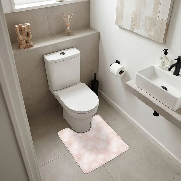 OnlyWow WC-Vorleger Rosa - Marmor - Creme, Höhe 10 mm, Polyester, U-Form, Vorleger mit Ausschnitt, Toilettenvorleger, Toilettenteppich – Bild 2