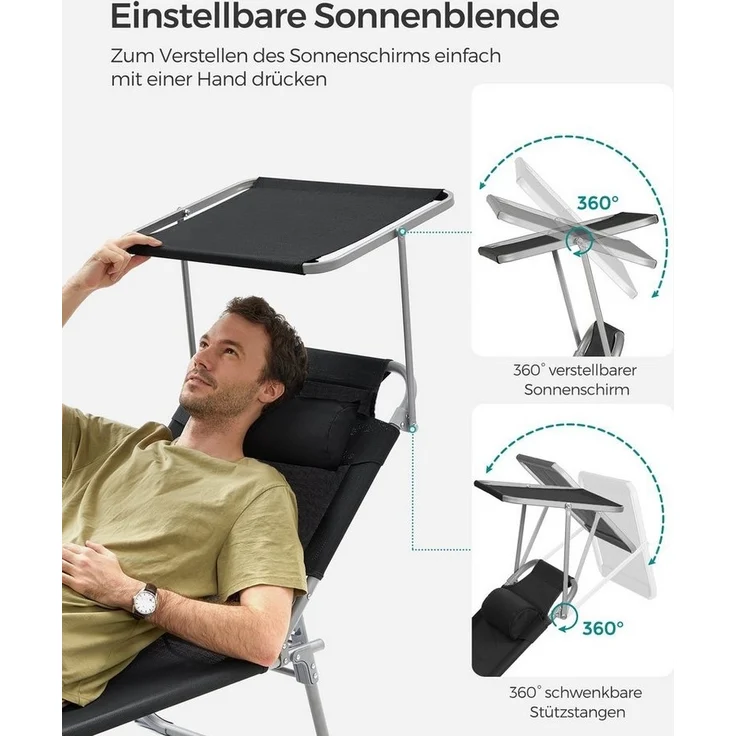 Songmics Gartenliege klappbar, mit Kopfstütze und verstellbarer Rückenlehne, 2x Sonnenliege, mit Seitentasche, Schwarz, 53 x 193 x 29 cm – Bild 3