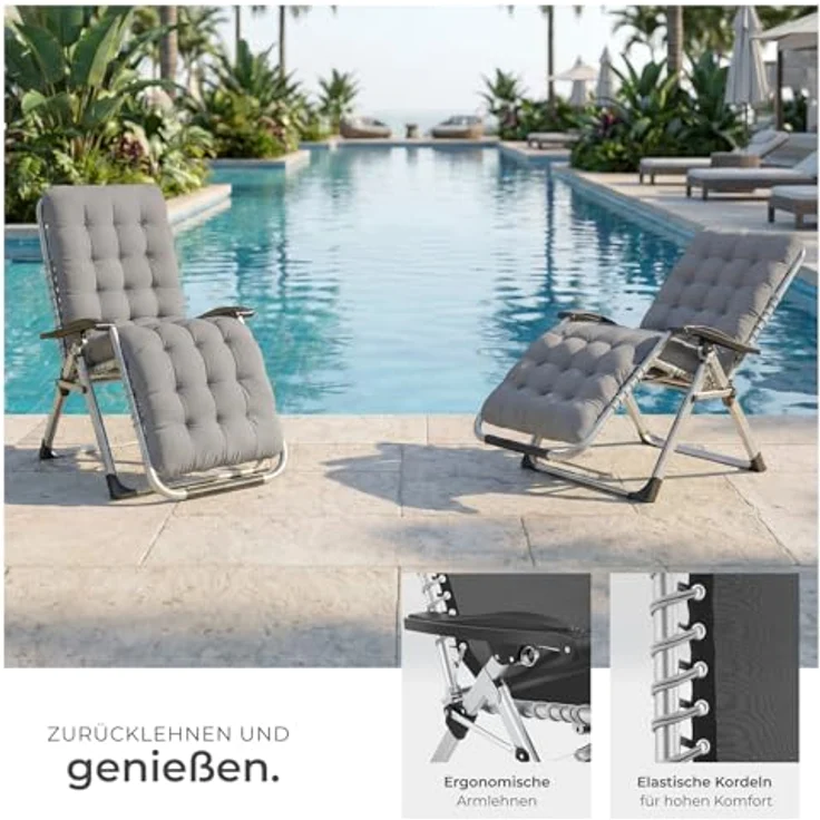 tectake® Sonnenliege klappbar, Liegestuhl, Gartenliege stufenlos verstellbar, Outdoor Sessel für Balkon oder Garten, Liege mit extra Dicker Auflage, Relaxliege belastbar bis 200kg (Hellgrau) – Bild 7
