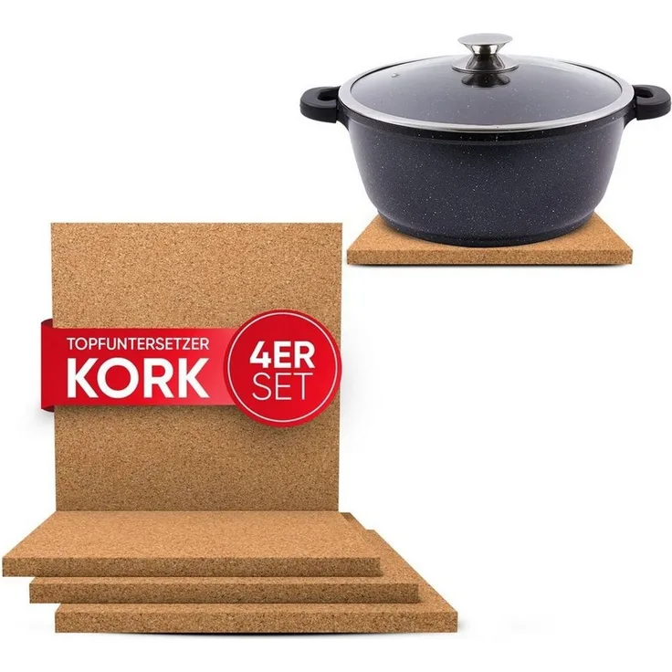 wortek Topfuntersetzer Kork Untersetzer Pfannen Töpfe Teller Gläser Unterlage, Zubehör für Töpfe und Pfannen und Teller und Vasen & Co, Set, 4-tlg, eckig