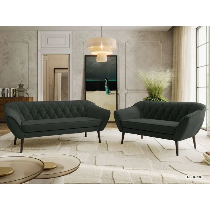 Skandinavisches Sofa Set PIRS 3-2, Komplettset, Wellenfederung, schwarze Füße, Sitzgruppe, Polstermöbel Set - Dunkelgrau Stukture – Bild 4