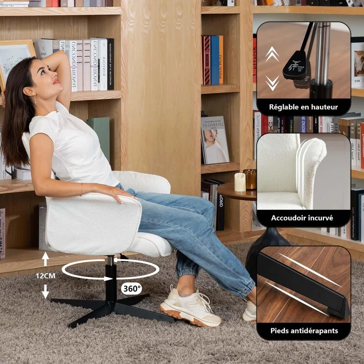 MEUBLE COSY Sessel Lehnstühle Lounge Cocktailsessel Bürostuhl mit höhenverstellbar Armlehnen 360° Drehbar Schminkstuhl Polsterstuhl für Schlafzimmer Wohnzimmer Büro Vanity, Bouclé Frottier, Weiß – Bild 5