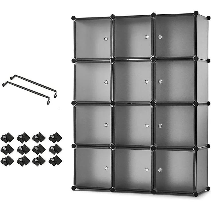 Mondeer Kleiderschrank, Steckregal Kunststoff, Garderobe Schrank Steckregalsystem, mit 2 Kleiderstange, DIY Modular Schrank für Platzsparende, Grau - 110 x 37 x 145 cm (B/T/H)