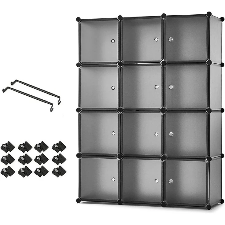 Mondeer Kleiderschrank, Steckregal Kunststoff, Garderobe Schrank Steckregalsystem, mit 2 Kleiderstange, DIY Modular Schrank für Platzsparende, Grau - 110 x 37 x 145 cm (B/T/H)