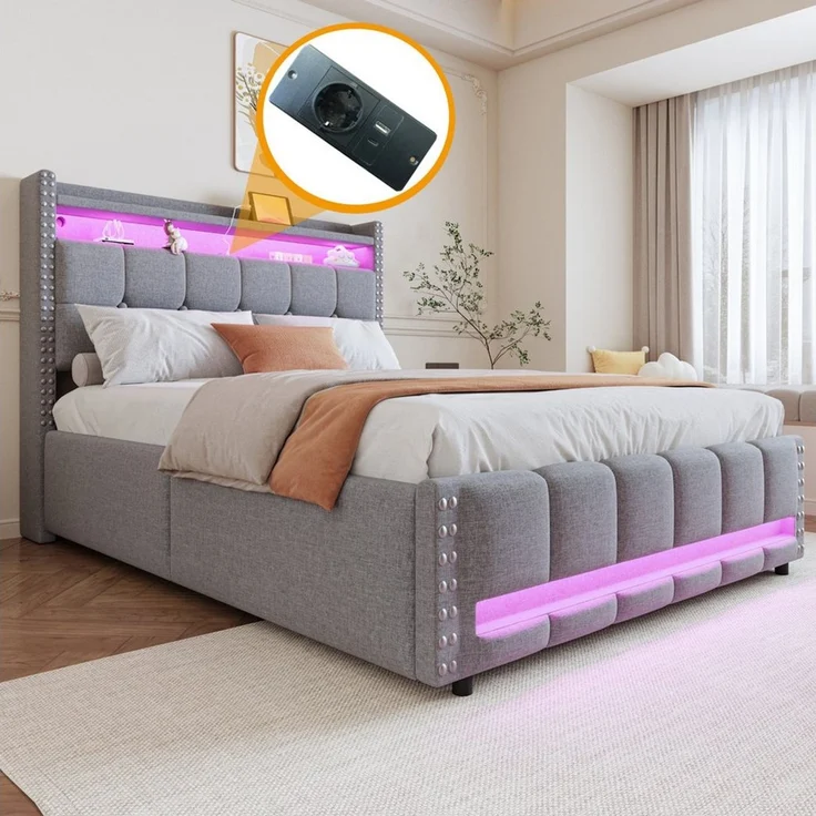 HAUSS SPOLE Polsterbett 140x200 cm mit Matratze Komfortbett, LED-Beleuchtung & USB-Steckdose – Bild 3