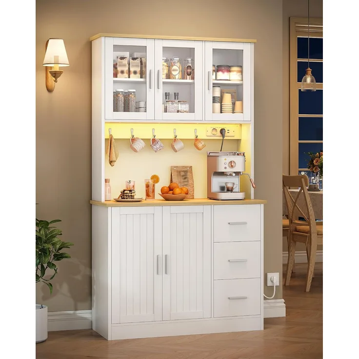 Hzuaneri Küchenschrank, mit 6-Stufigem Regal, 5 Schranktüren und 3 Schubladen, LED & Steckdosenleiste, Eiche-Weiß, 40 x 100 x 180 cm