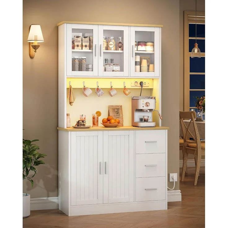 Hzuaneri Küchenschrank, mit 6-Stufigem Regal, 5 Schranktüren und 3 Schubladen, LED & Steckdosenleiste, Eiche-Weiß, 40 x 100 x 180 cm – Bild 1