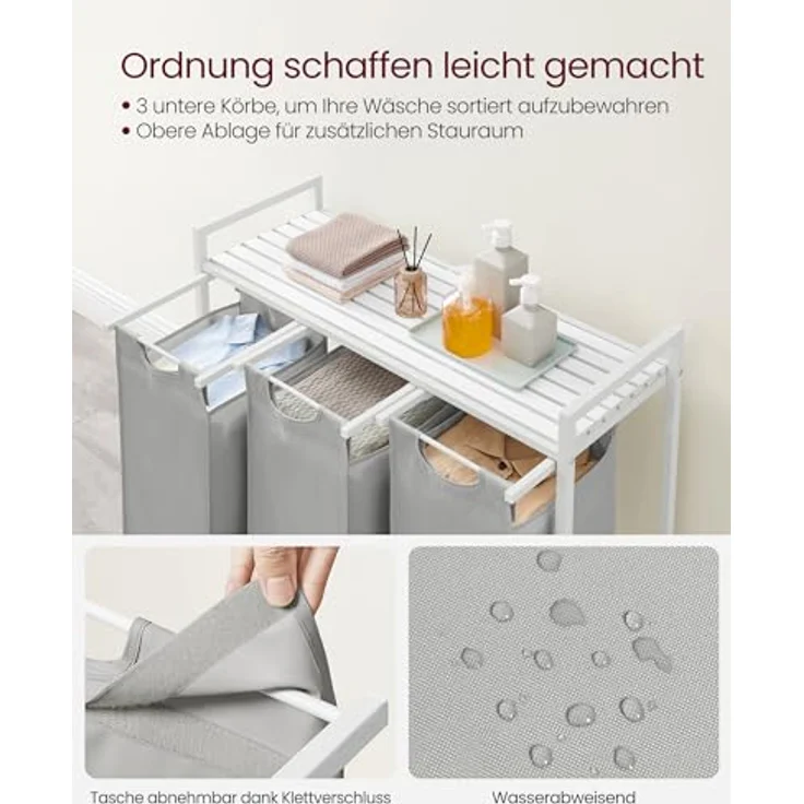 Vasagle Wäschekorb, 3 Fächer, mit Ablage, ausziehbar und abnehmbar, 3x38 L – Bild 5