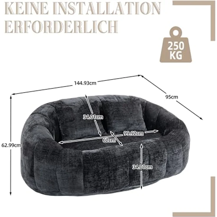 Ball & Cast Sitzsack, Durable Komfort Chenille Lazy Bag, Beanbag Chair mit 2 Kissen für Schlafzimmer, Büro, Schwarz, 2 Sitze – Bild 2