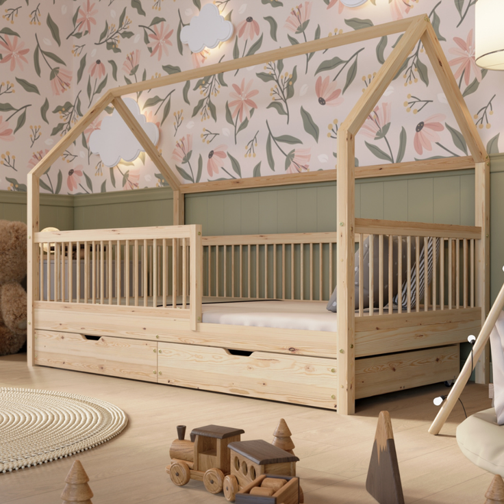 Crazy Pine 'Crazy Folly+' Hausbett mit hohem Rausfallschutz, Holz natur, 90x200 cm, mit Schublade