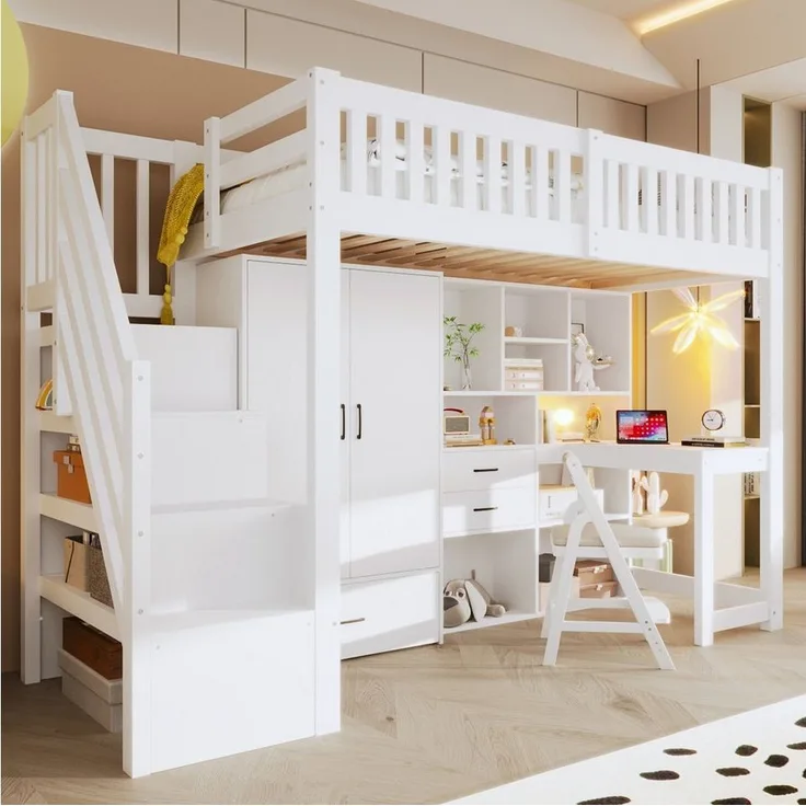 Odikalo Hochbett Kinderbett 90x200 mit Schreibtisch und Großer Stauraum (Hochbett, 90x200 cm, Ablageleiter, Kleiderschrank, Schreibtisch, Schubladen, Staufächer, Ohne Matratze, Weiß)