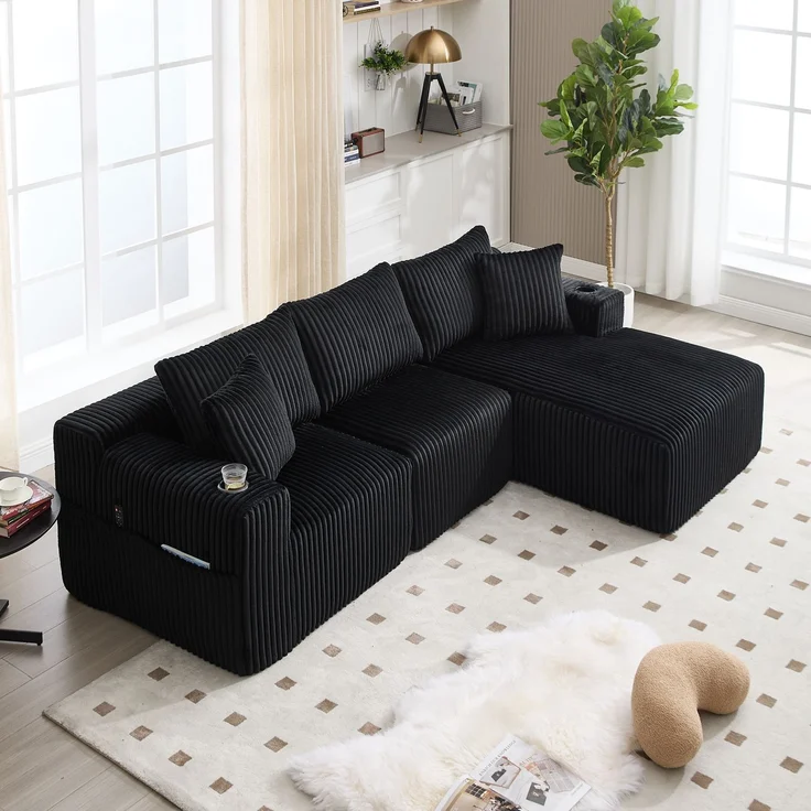 Modulares Sofa Set mit Chaiselongue & 2-Sitzer in Schwarz, weicher Cordbezug, 5 Kissen, Getränkehalter – Bild 3