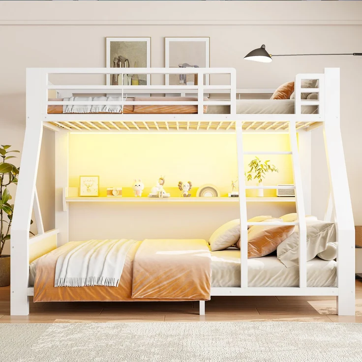 EINHOM Metall-Etagenbett 90 x 200 cm / 140 x 200 cm, Einzelbett Oben, Doppelbett Unten, Ablagefach, LED-Beleuchtung, Bettgestell aus Eisen und Holz, Platzsparendes Kinder- und Jugendzimmermöbel Weiß (Ohne Matratze) – Bild 5