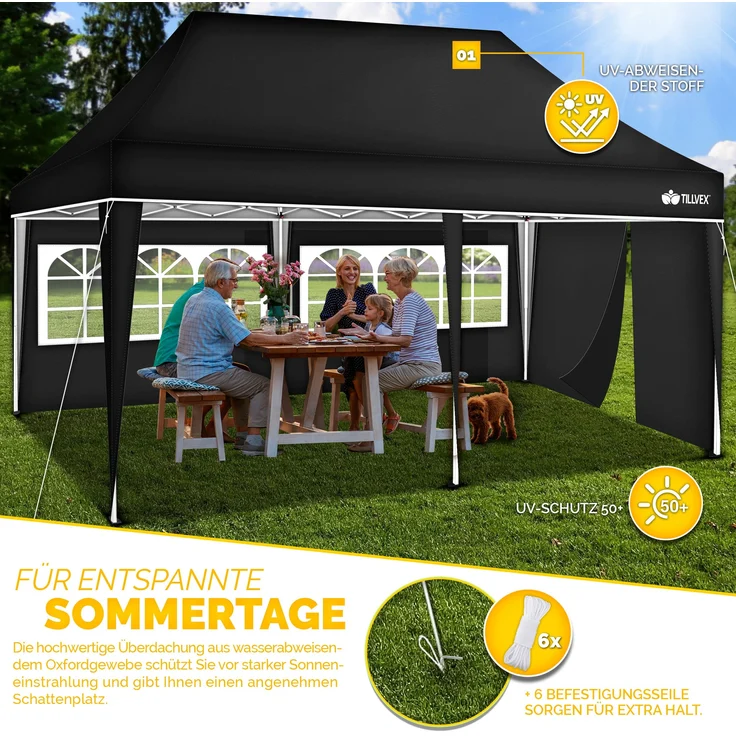 tillvex Pavillon 3x6m - mit 3 Seitenwänden Schwarz wasserdicht | Pop-Up Faltpavillon höhenverstellbar | Gartenzelt UV Schutz 50+ | Partyzelt mit Tasche für Garten – Bild 7