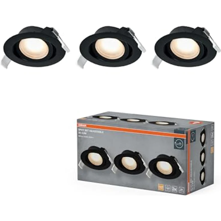 Osram Spot Set LED Einbaustrahler, 4,9W, 190lm, 2700K, Ø90mm Deckenspot, 120°, Schwarz, schwenkbar, 3er-Set – Bild 1