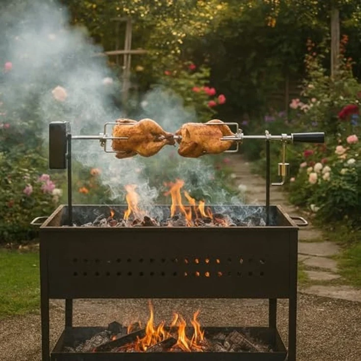 BBQ-Toro Lagerfeuer-Grillspieß Grillspieß Set 93,5 cm, 2 Fleischnadeln, Grillspieß mit Motor, Hähnche, Batterien nicht im Lieferumfang enthalten – Bild 2