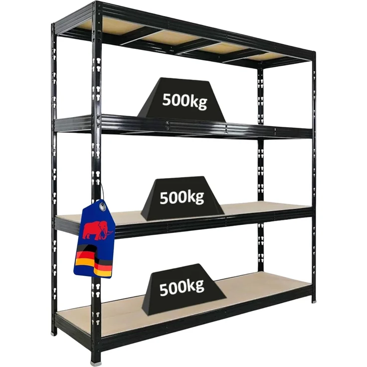 PROREGAL Profi Schwerlastregal Rhino EXTRA BREIT schwarz HxBxT 200 x 200 x 60 cm Fachlast 500kg 4X Spanplatten-Ebenen 8mm Garagenregal, Lagerregal, Steckregal, Weitspannregal