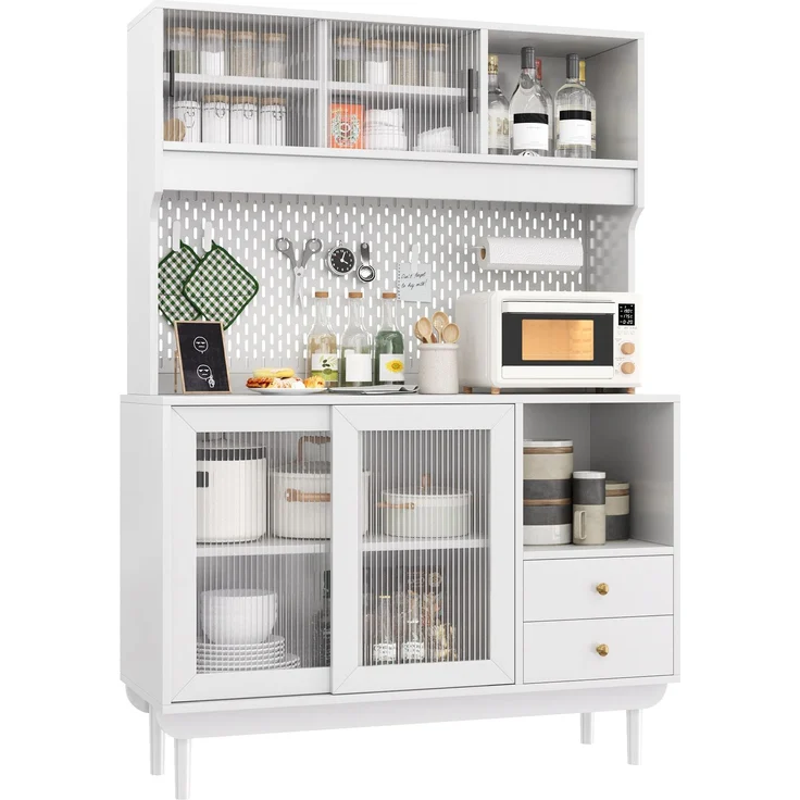 DESVIAE Sideboard Weiß aus MDF/Spanplatte – 117x170x30 cm – Riffelglas-Schiebetüren – Bild 7