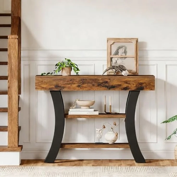 LITTLE TREE Konsolentisch, Eingangstisch mit 3 Ablagen, 105 x 30 x 80cm, Flurtisch Sofatisch hinter Couchtisch, Schmale Holzakzenttische mit Metallrahmen für Flur, Eingang, Foyer, Braun und Schwarz – Bild 6