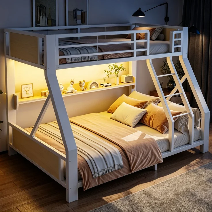 EINHOM Metall-Etagenbett 90 x 200 cm / 140 x 200 cm, Einzelbett Oben, Doppelbett Unten, Ablagefach, LED-Beleuchtung, Bettgestell aus Eisen und Holz, Platzsparendes Kinder- und Jugendzimmermöbel Weiß (Ohne Matratze) – Bild 1