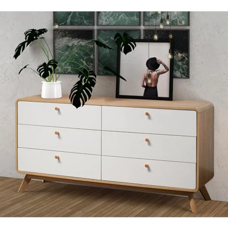 Cassie Kommode mit 3+3 Schubladen aus Spanplatte in Weiß-Eicheoptik (BxTxH) 150x39x74 cm – Bild 2