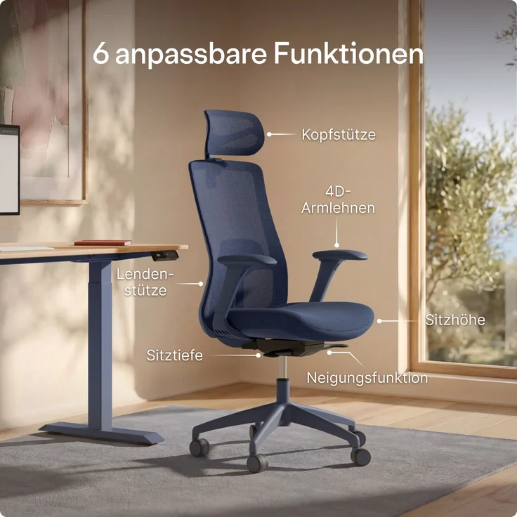 Desktronic Bürostuhl Verstellbarer Ergonomischer SitOne, Blau 4-Dimensional Armlehne, Integrierte 4-Wege-Lendenwirbelstütze – Bild 2
